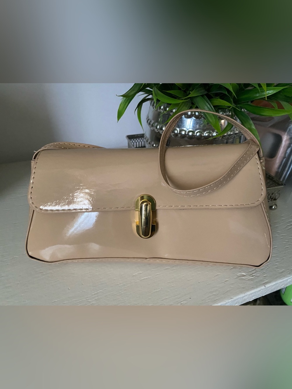 Patent Nude Shoulder Bag with Gold Turn-Lock